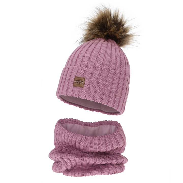 Ensemble d'hiver fille: bonnet et snood, rose, doublé polaire, avec laine mérinos, Bellina