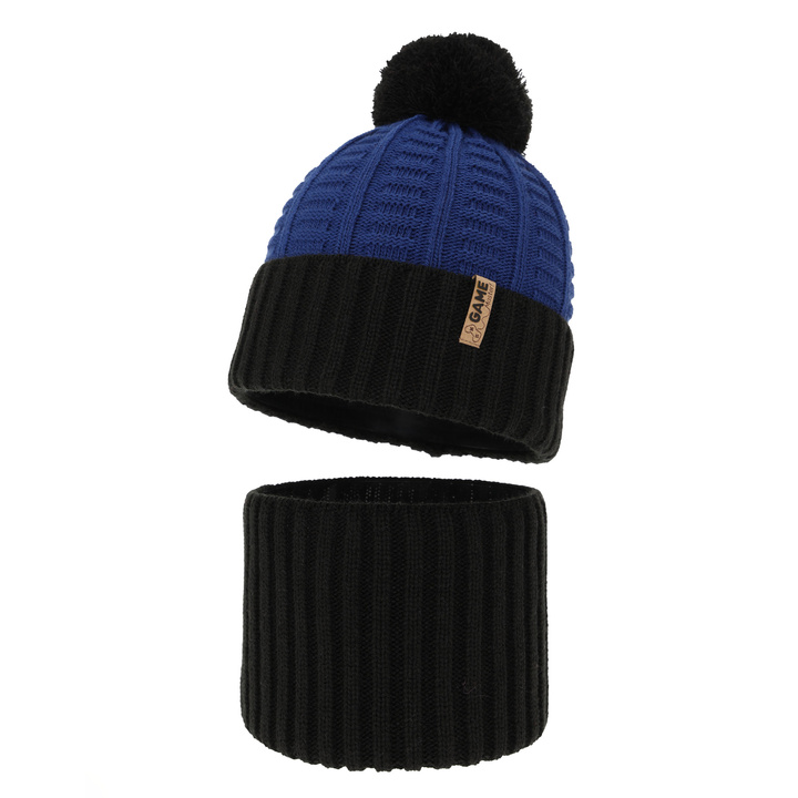 Ensemble d'hiver garçon: bonnet et snood, noir, avec pompon, Leo