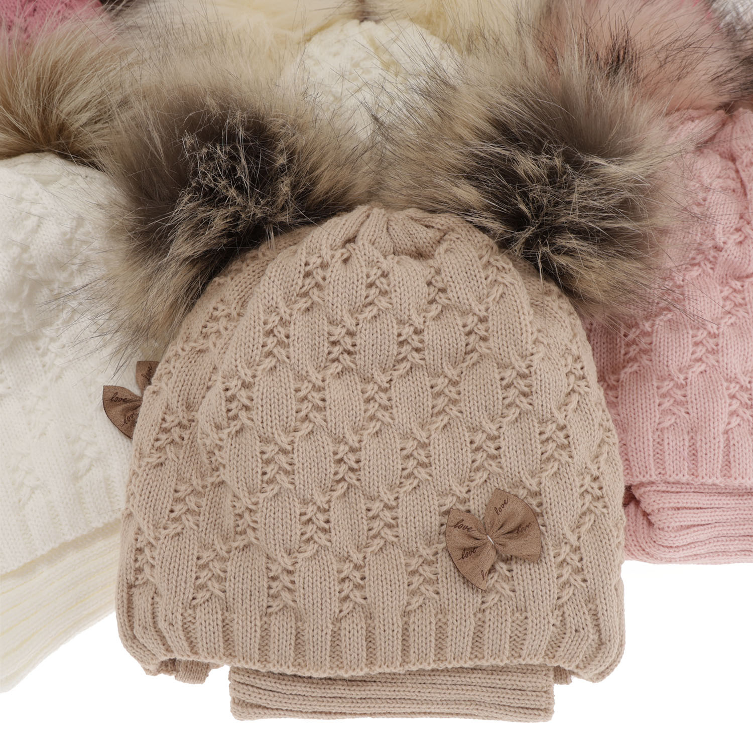 Ensemble d'hiver fille: bonnet et snood, blanc, avec deux pompons, avec liens, Bettina
