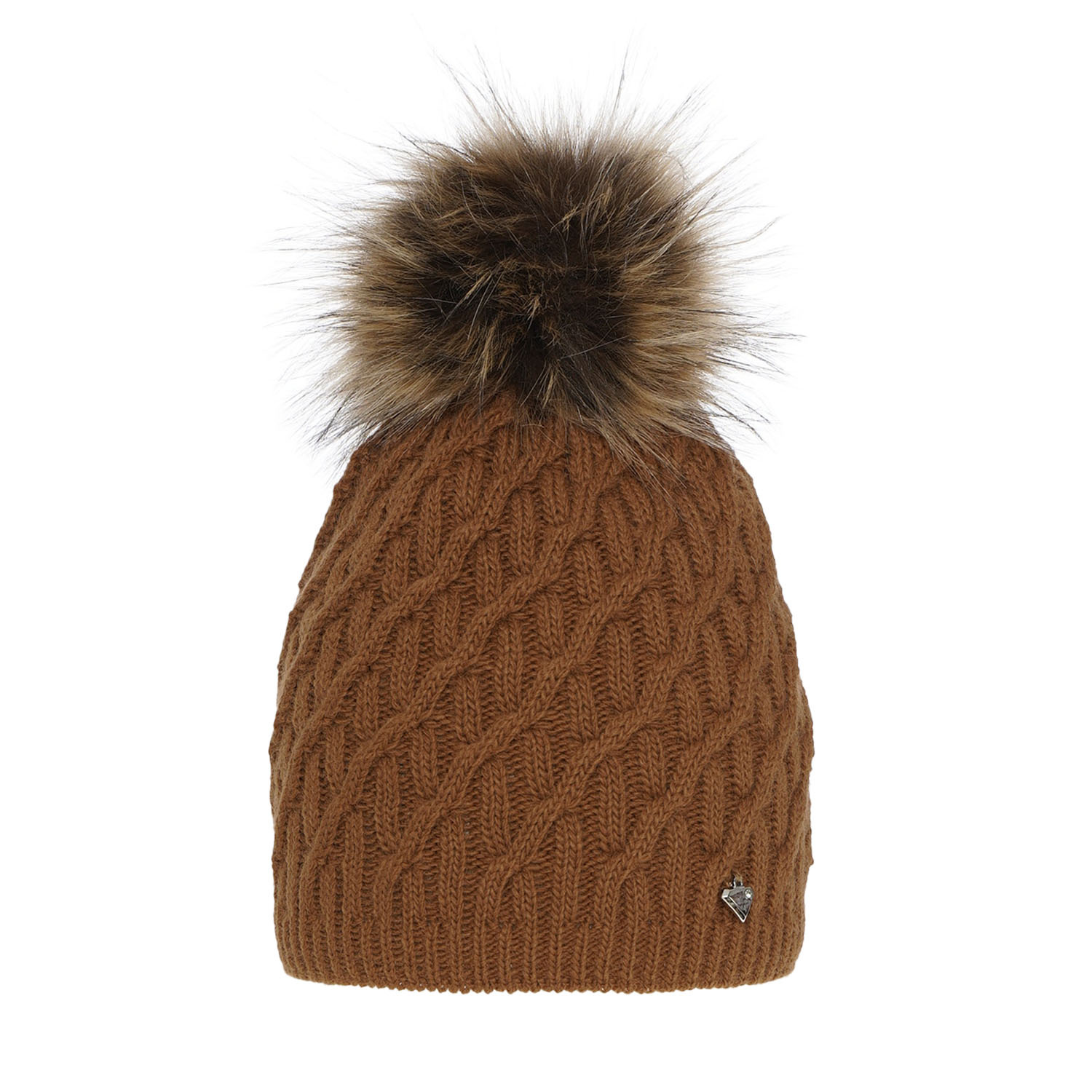 Bonnet d'hiver femme, camel, avec pompon, Kaskada