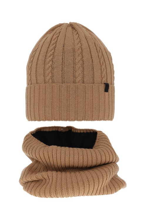 Ensemble d'hiver garçon: bonnet et snood, camel, avec laine mérinos, doublé de polaire, Kairo