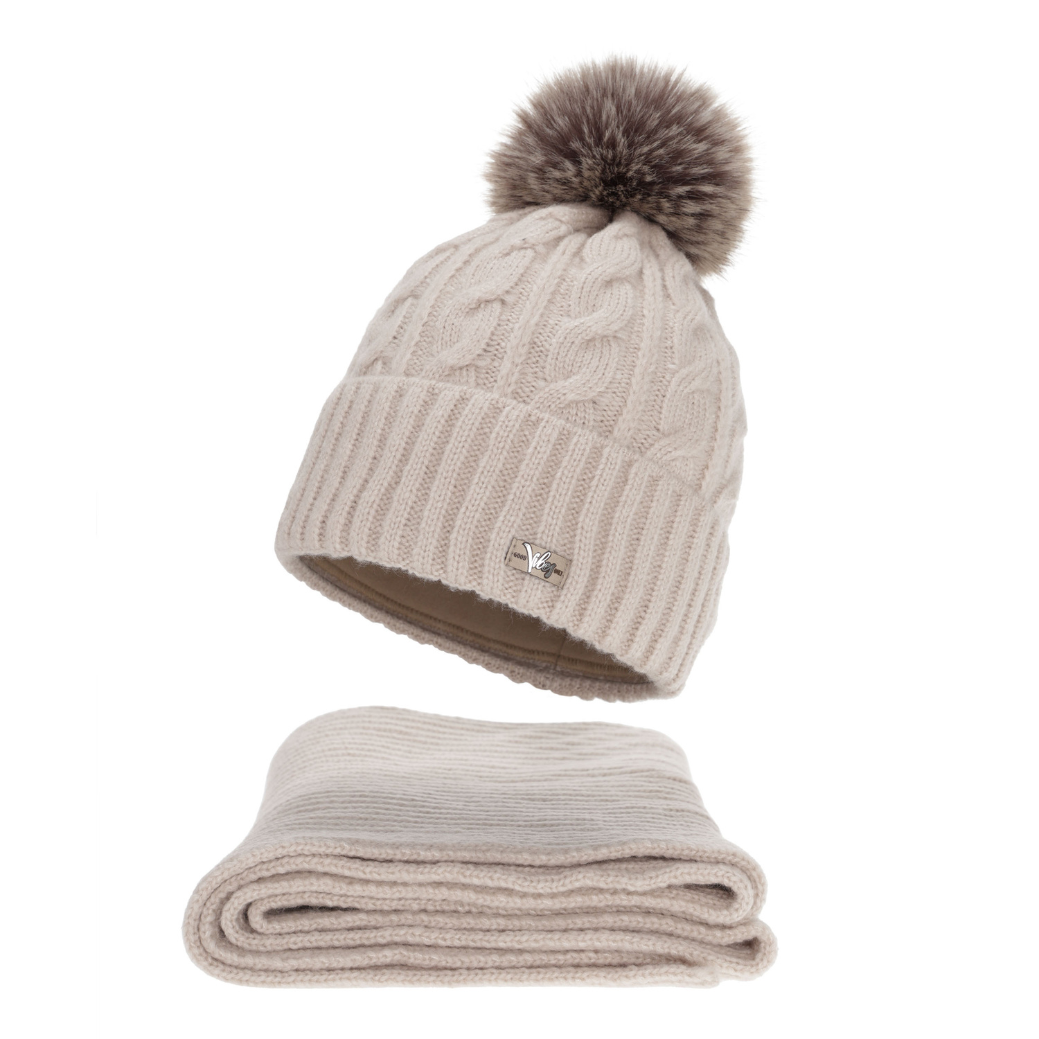 Ensemble d'hiver femme: bonnet et écharpe, beige, Lunetta