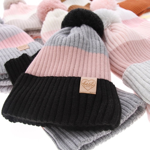 Ensemble d'hiver fille: bonnet et snood, brun, avec pompon, Indiana