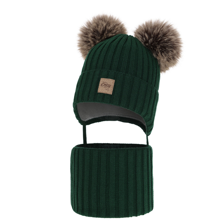 Ensemble d'hiver garçon: bonnet et snood, vert, avec deux pompons, avec liens, Orange
