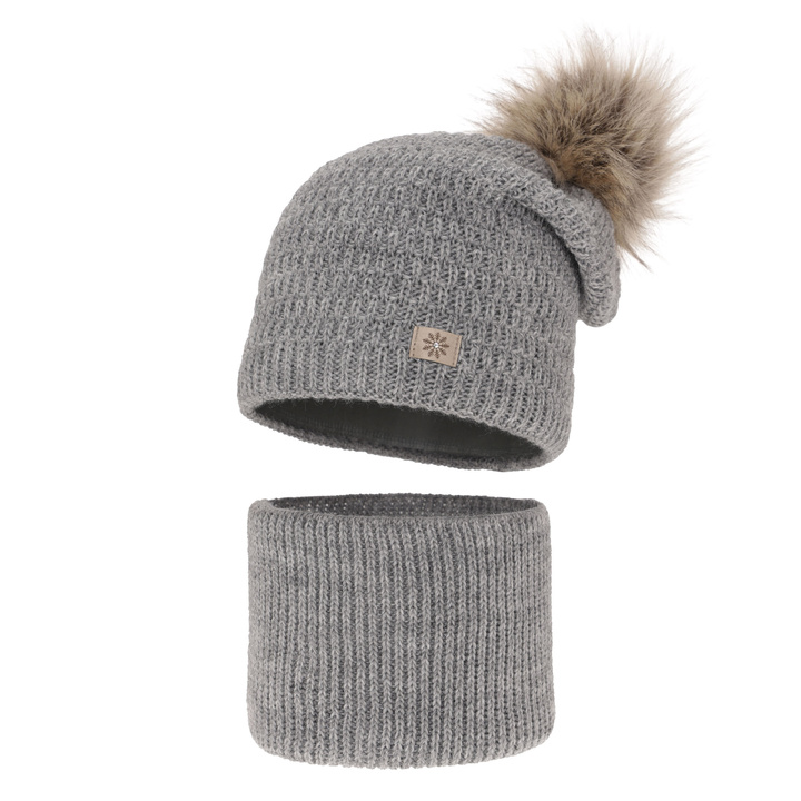 Ensemble d'hiver fille: bonnet et snood, gris, avec pompon, Germina