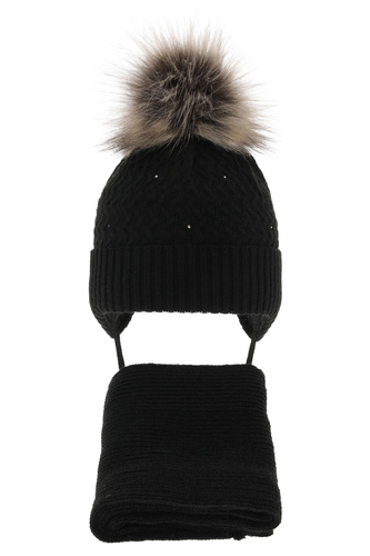 Ensemble d'hiver fille: bonnet et écharpe, noir, avec pompon, avec liens, Zelta