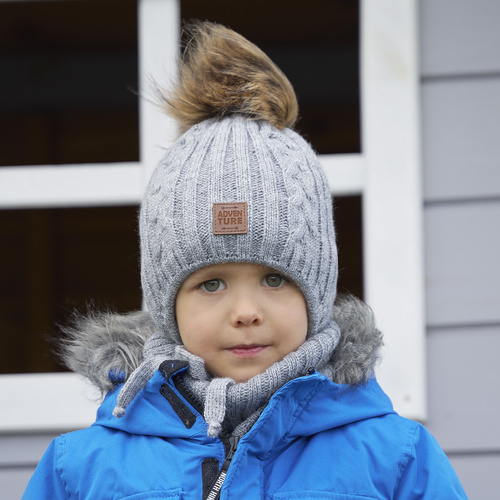 Ensemble d'hiver garçon: bonnet et snood, gris, avec pompon, avec liens, Casper