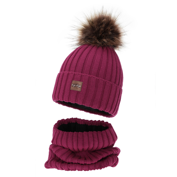 Ensemble d'hiver fille: bonnet et snood, amarante, doublé de polaire, avec laine mérinos, Bellina