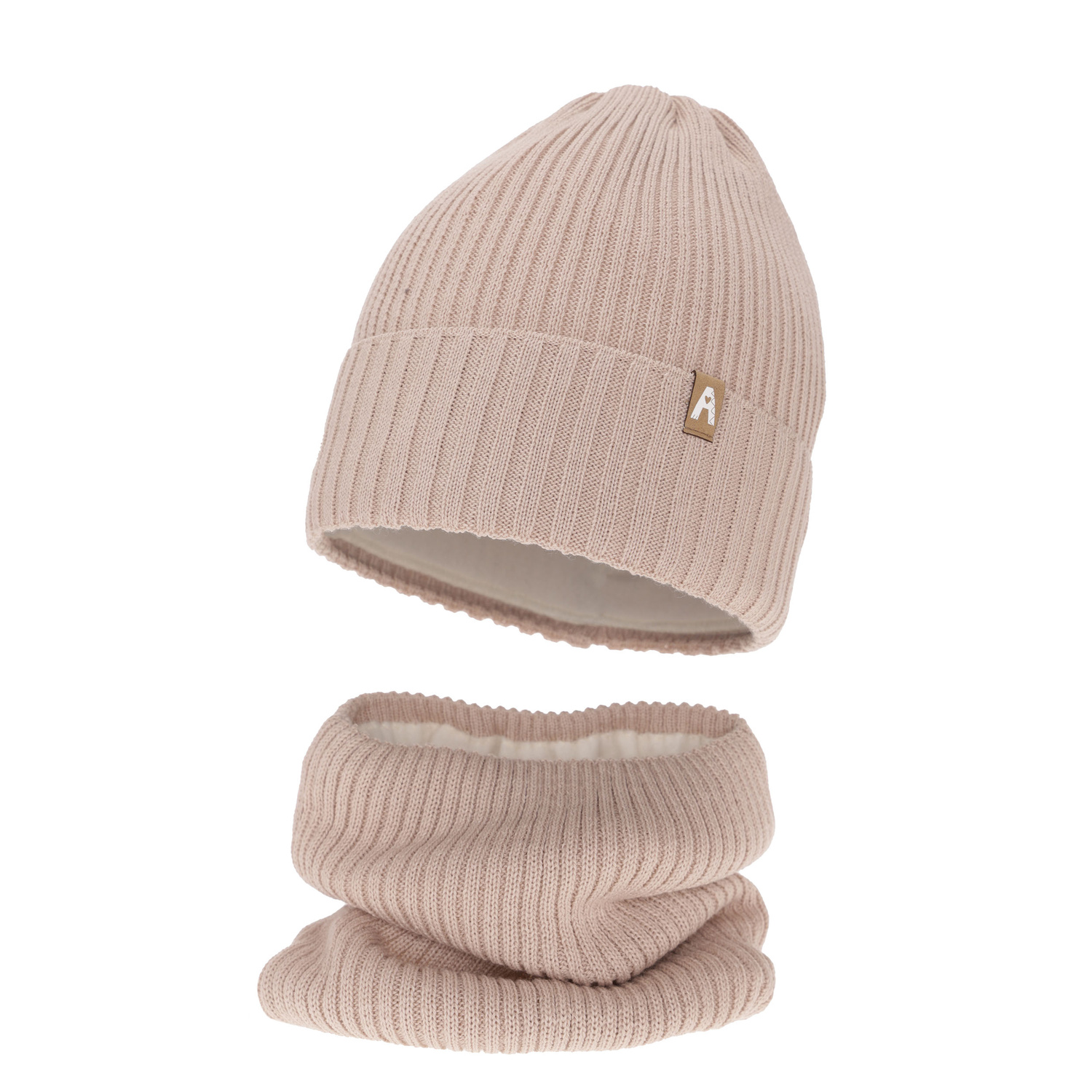 Ensemble d'hiver fille: bonnet et snood, beige, avec laine mérinos, doublé de polaire, Peggy