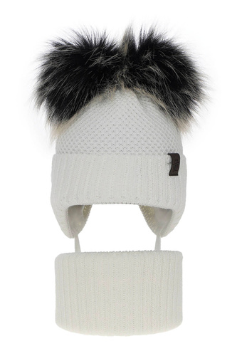 Ensemble d'hiver garçon: bonnet et snood, blanc, avec deux pompons, avec liens, Randel