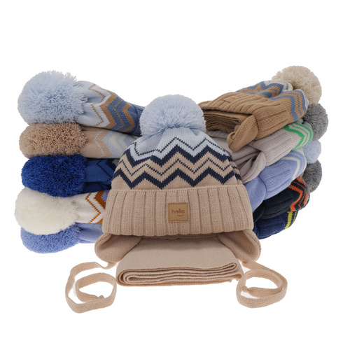 Ensemble d'hiver garçon: bonnet et écharpe, bleu marine, avec liens, avec pompon, Marcus