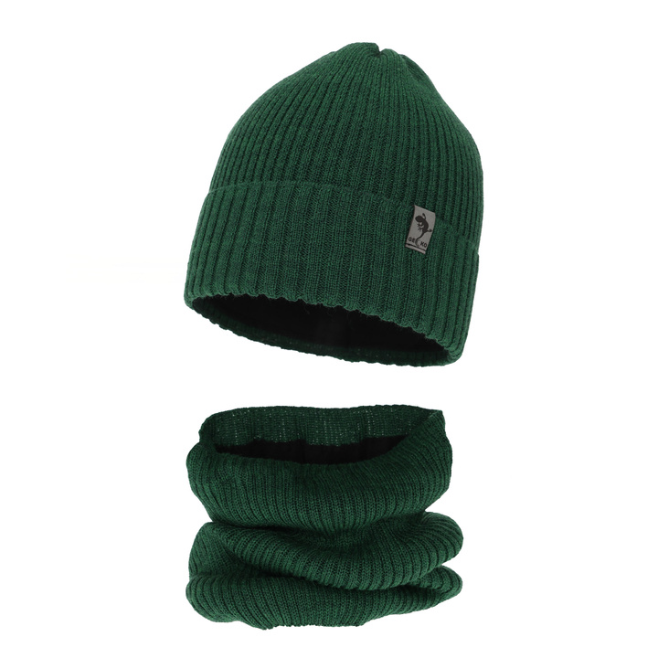 Ensemble d'hiver garçon: bonnet et snood, vert, avec laine mérinos, doublé de polaire, Gecko