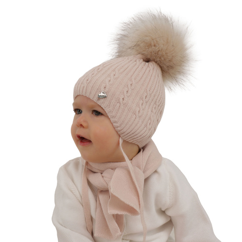 Ensemble d'hiver fille: bonnet et écharpe, crème, avec pompon, Amana
