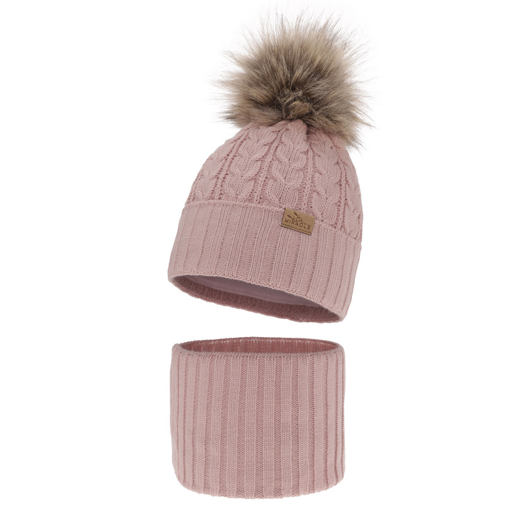 Ensemble d'hiver fille: bonnet et snood, rose, avec pompon, Tanzania
