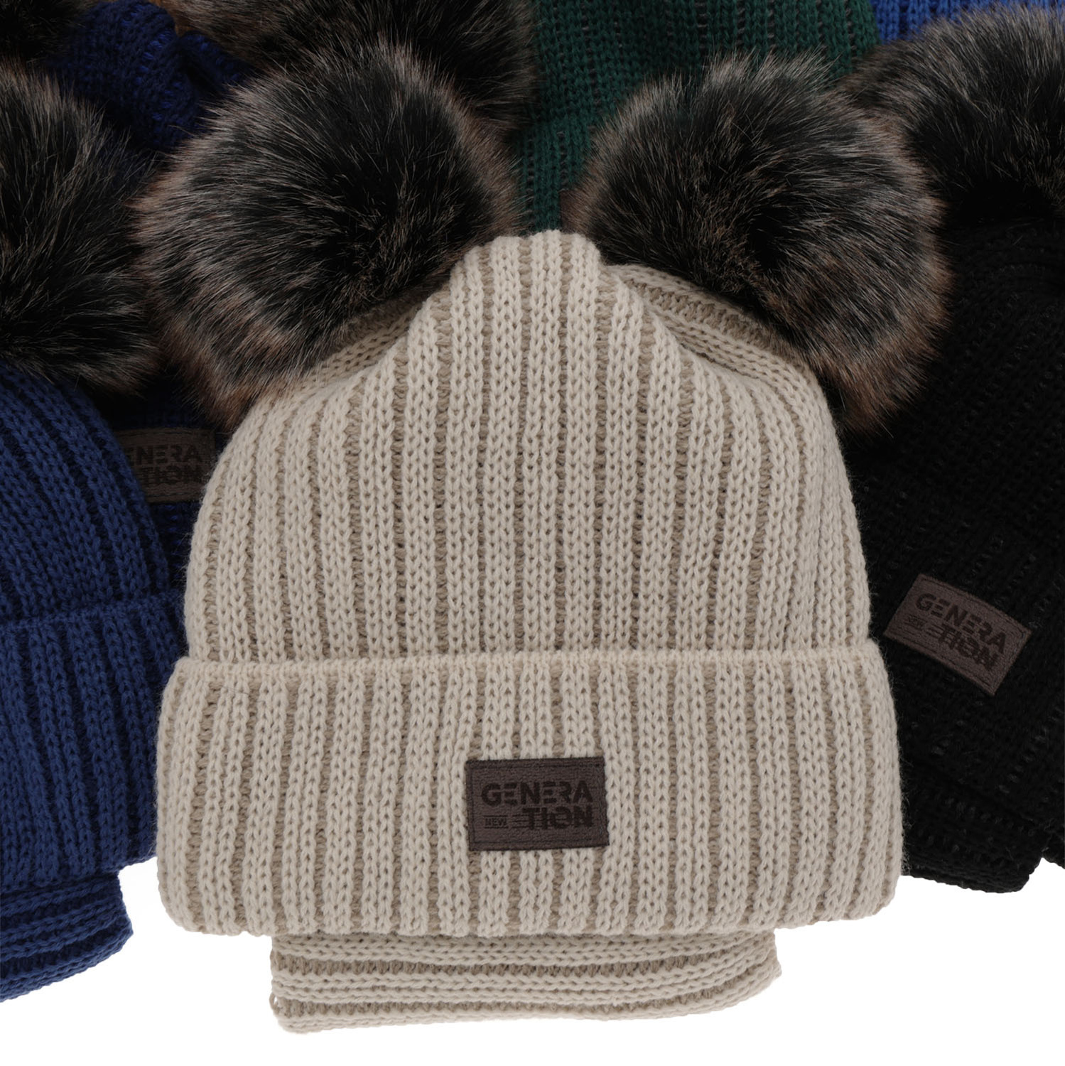 Ensemble d'hiver garçon: bonnet et snood, vert, avec deux pompons, Tokio