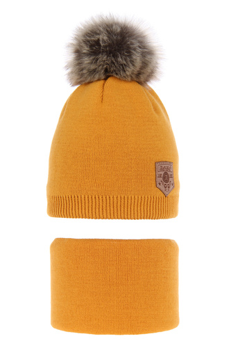 Ensemble d'hiver garçon: bonnet et snood, miel, avec pompon, Apolin