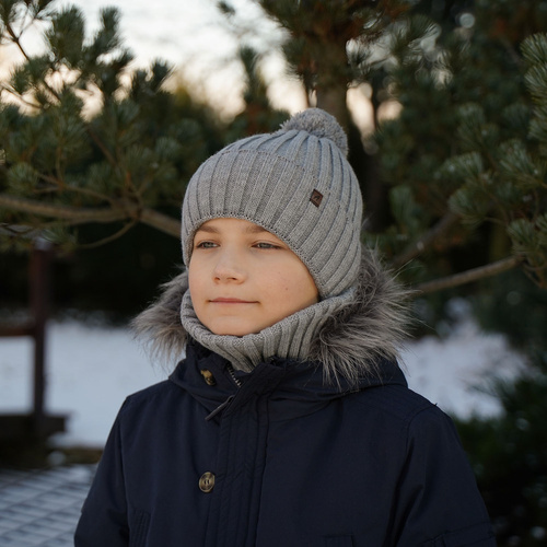 Ensemble d'hiver garçon: bonnet et snood, khaki, avec pompon, Wiliam