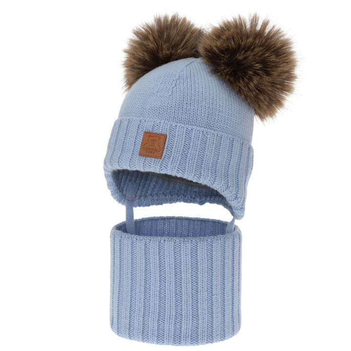 Ensemble bonnet et tour de cou garçon, hiver, bleu ciel, 100% laine mérinos, doublé polaire laine, Ronik