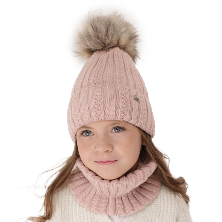 Ensemble d'hiver fille: bonnet et snood, rose, avec pompon, Wirginia