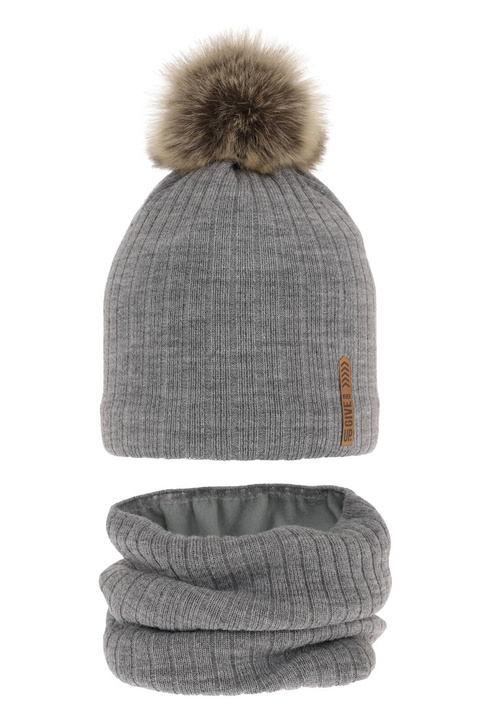 Ensemble d'hiver garçon: bonnet et snood, gris, avec pompon, Kalen