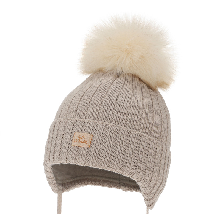 Bonnet d'hiver fille, beige, avec liens, avec laine mérinos, Basma