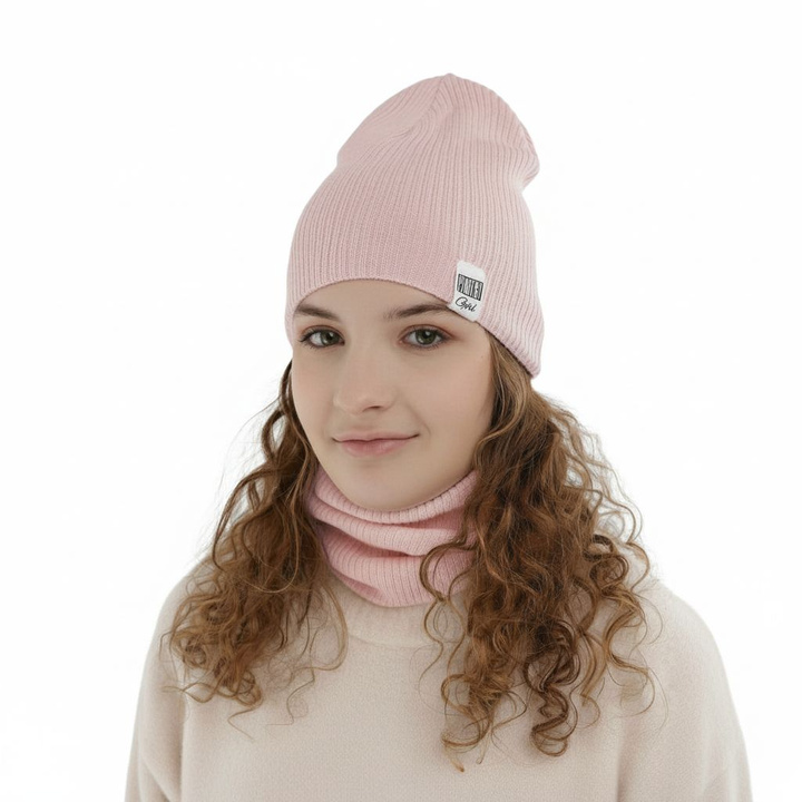 Ensemble automne/printemps fille: bonnet et snood, avec coton, rose, Farinka