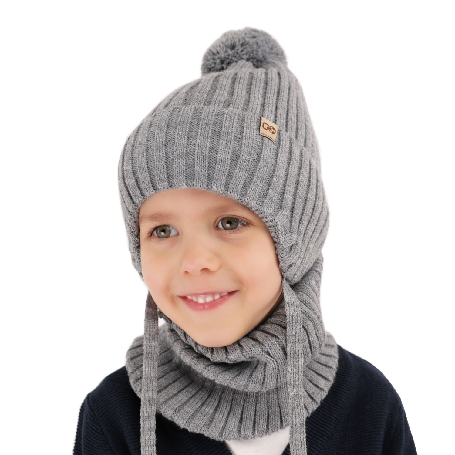 Ensemble d'hiver garçon: bonnet et snood, brun, avec pompon, Carlo