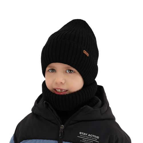 Ensemble d'hiver garçon: bonnet et snood, gris foncé, avec laine mérinos, doublé de polaire, Palermo