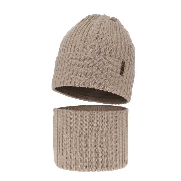 Ensemble d'hiver garçon: bonnet et snood, beige, avec laine mérinos, Wilson