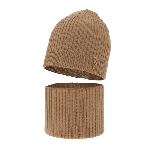 Ensemble automne/printemps garçon: bonnet et snood, camel, avec laine mérinos, Chester