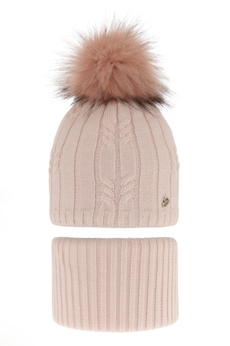 Ensemble d'hiver fille: bonnet et snood, rose, avec pompon, Amaltea