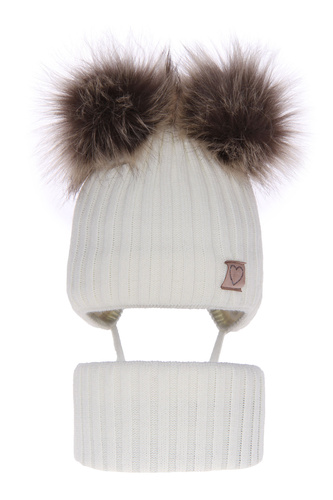 Ensemble d'hiver fille: bonnet et snood, blanc, avec deux pompons, wiązany, Telisa