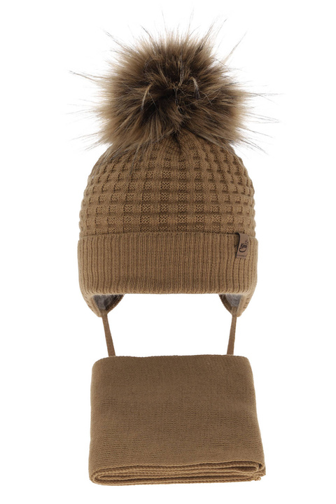 Ensemble d'hiver garçon: bonnet et écharpe, camel, avec liens, Salem