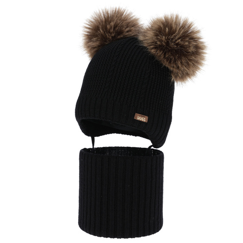 Ensemble bonnet et tour de cou garçon, hiver, noir, 100% laine mérinos, doublé polaire laine, Lumio
