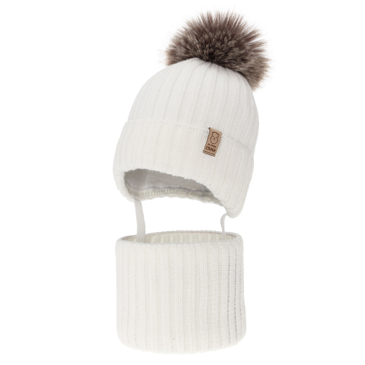 Ensemble d'hiver fille: bonnet et snood, blanc, avec pompon, Abigail