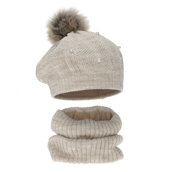 Ensemble d'hiver fille: béret et snood, doublé de polaire, beige, avec pompon, Jeanette