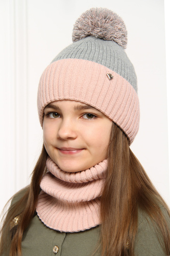 Ensemble d'hiver fille: bonnet et snood, gris, avec pompon, Kolumbina
