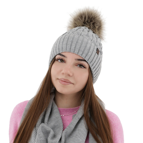 Bonnet d'hiver femme, hiver, grigio, avec pompon, Katty
