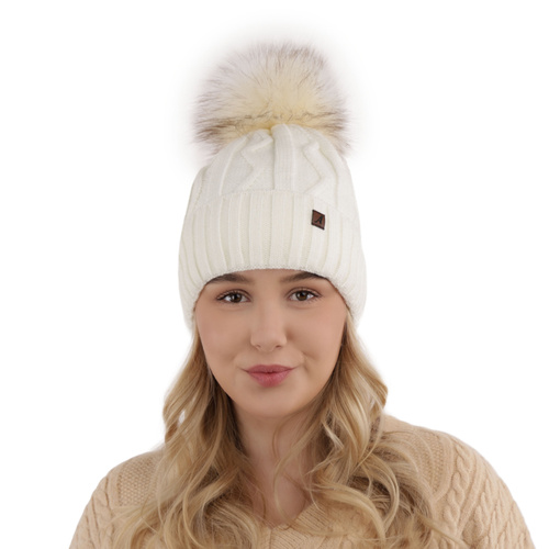 Bonnet d'hiver femme, beige, avec pompon, Renika