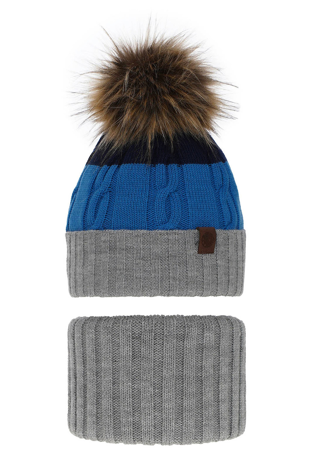 Ensemble d'hiver garçon: bonnet et snood, gris, avec pompon, Karmel