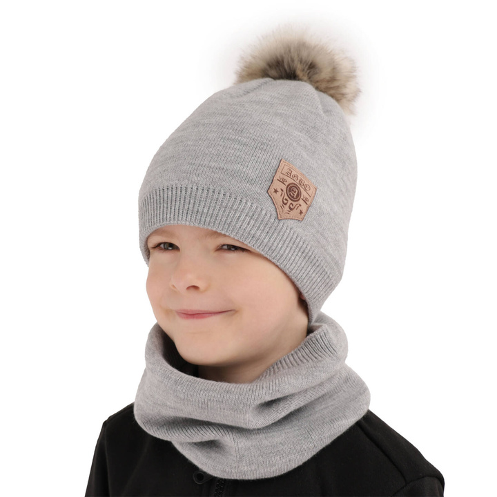 Ensemble d'hiver garçon: bonnet et snood, gris, avec pompon, Apolin