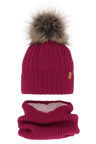 Ensemble d'hiver fille: bonnet et snood, amarante, avec laine mérinos, Mirabel