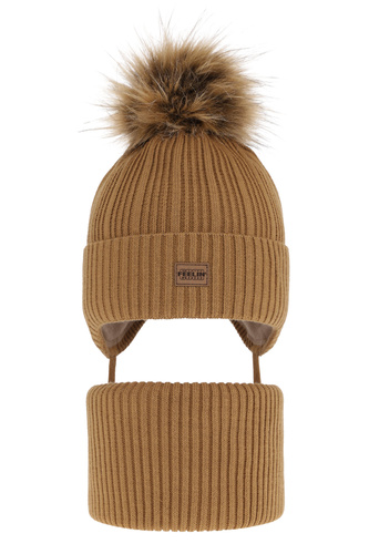 Ensemble d'hiver garçon: bonnet et snood, camel, avec pompon, avec liens, Eger