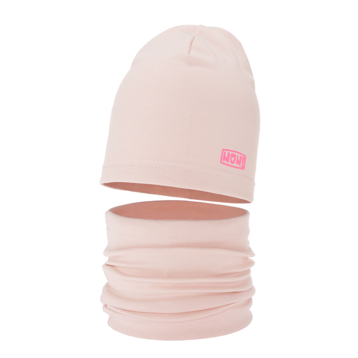 Ensemble automne/printemps fille: bonnet et snood, rose clair, en coton, Friza