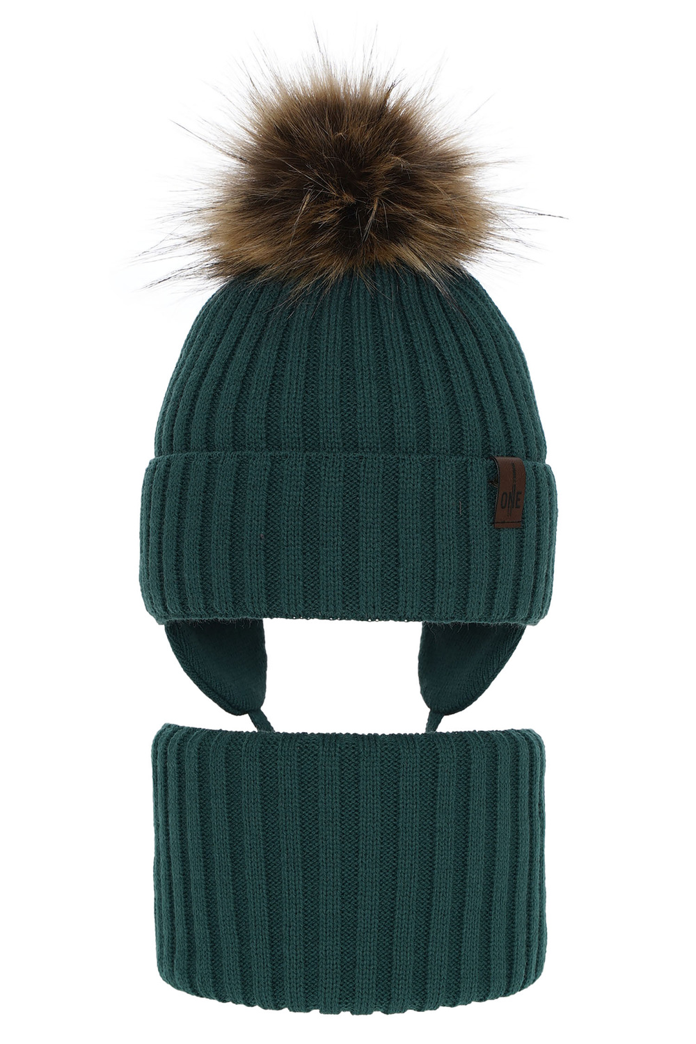 Ensemble d'hiver garçon: bonnet et snood, vert émeraude, avec pompon, Puzel