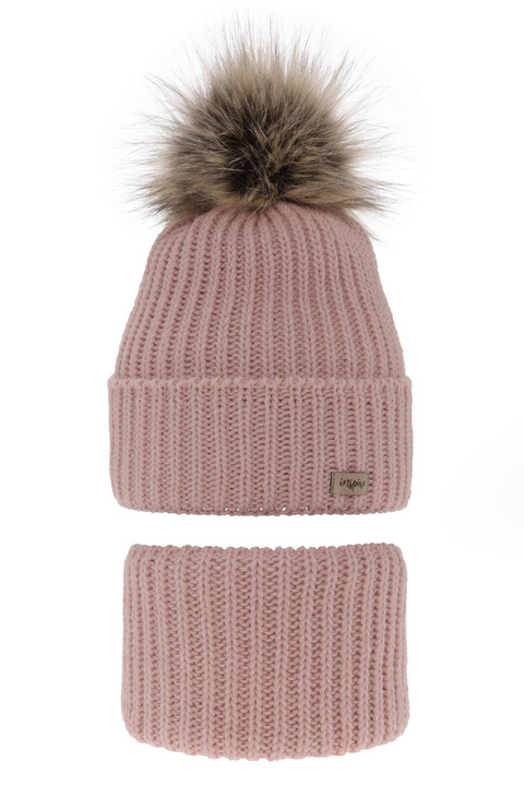 Ensemble d'hiver fille: bonnet et snood, rose, avec pompon, Willow