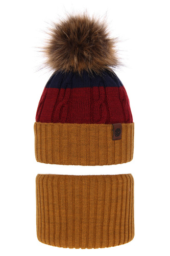 Ensemble d'hiver garçon: bonnet et snood, avec pompon, Karmel