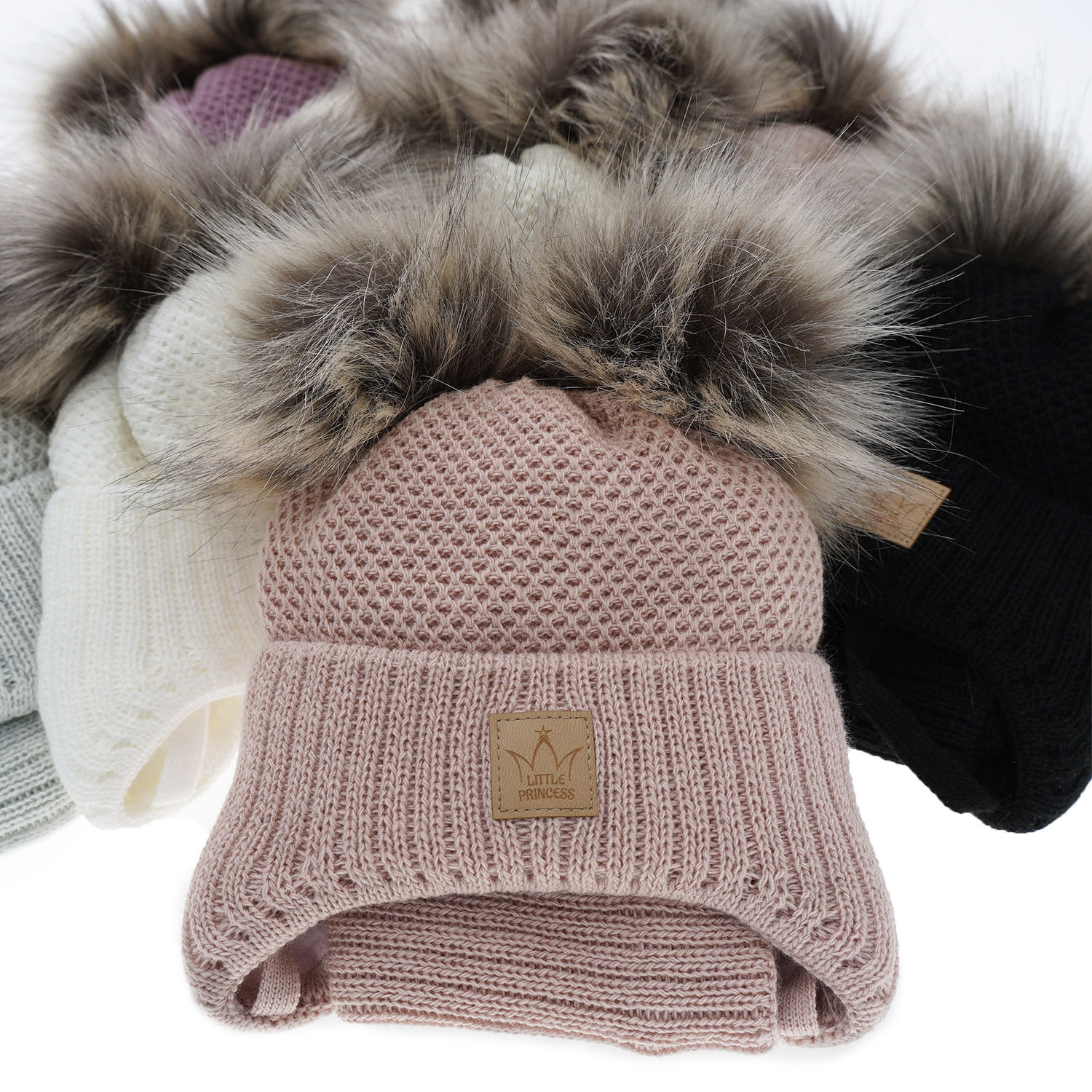 Ensemble d'hiver fille: bonnet et snood, blanc, avec deux pompons, Minsi