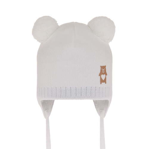 Bonnet automne/printemps garçon, blanc, avec deux pompons, avec liens, Barney