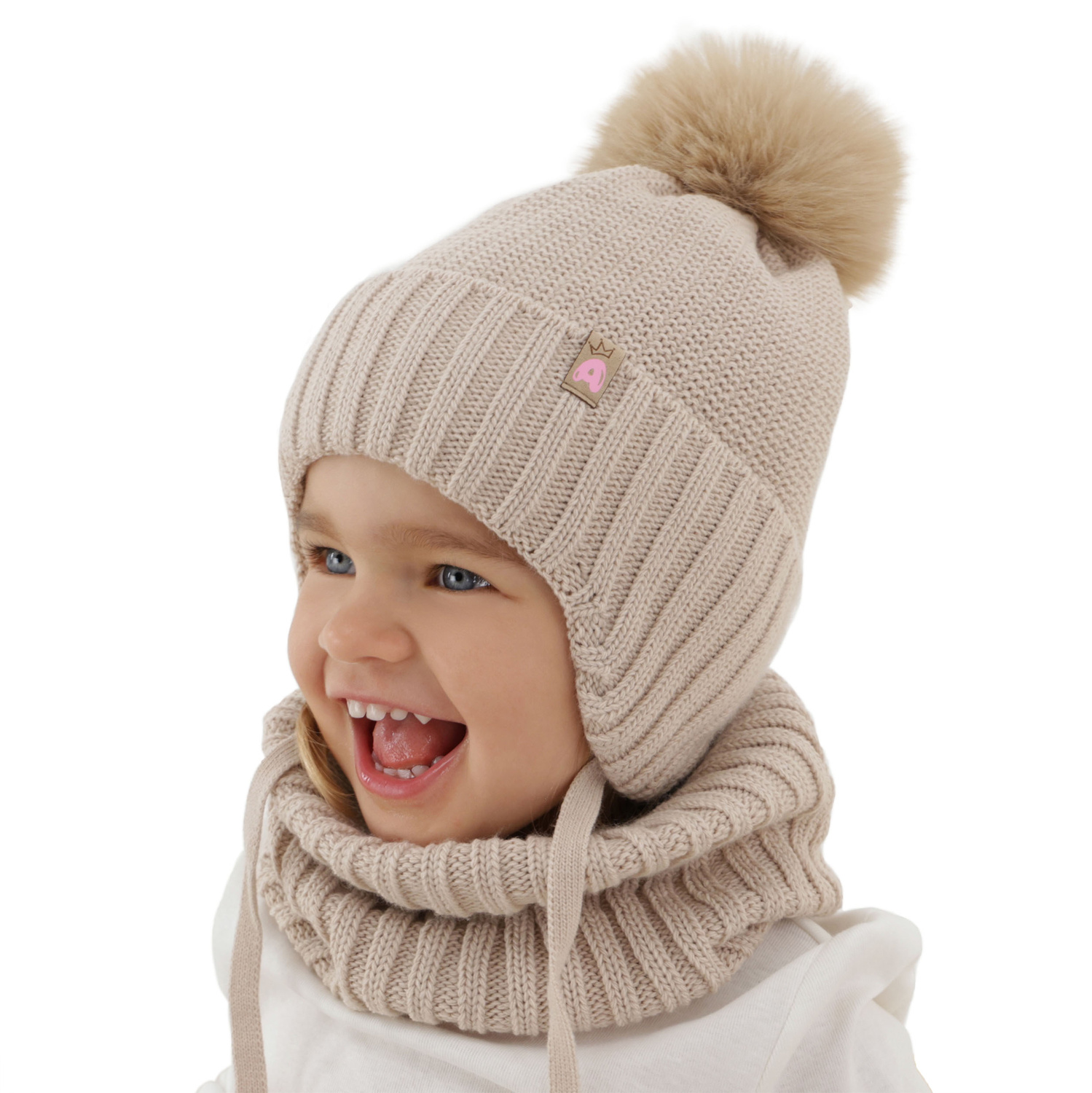 Ensemble d'hiver fille: bonnet et snood, violet, avec pompon, Kaya